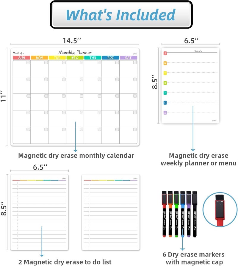 JJPRO Magnetic Monthly Calendar Whiteboard Set for Refrigerator-Monthly Planning Board, Weekly Menu Planner and to Do List for Fridge with 6 Markers-14.5" x11 - Image 2